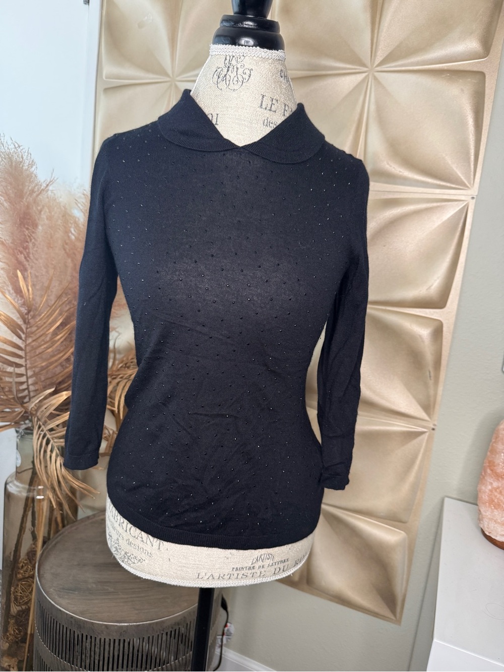 Ted Baker London Black Rhinestone Embellished Polo Collar Sweater